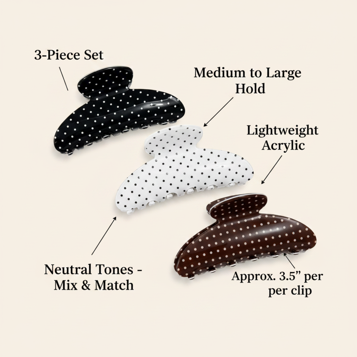 Ellison+Young - Classic Polka Dot Hair Claw Clip Set – 3 Piece Everyday Essentials