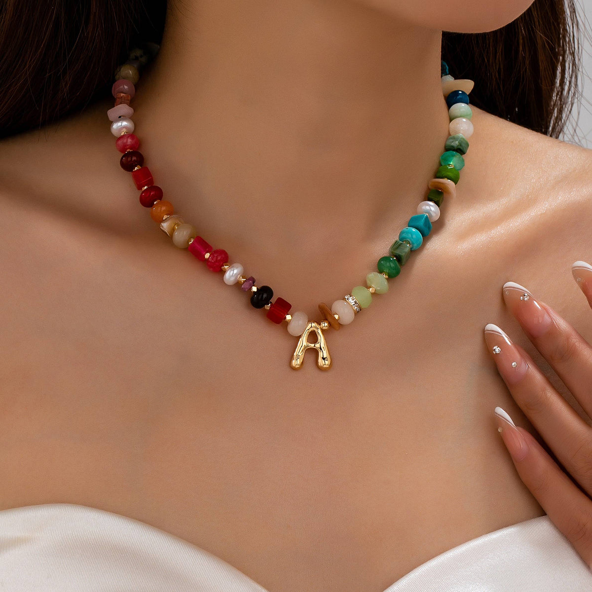 JOSSLYN by wall to wall - Multi Gemstone Chip Initial Charm Necklace 12Pc Set|80N93765